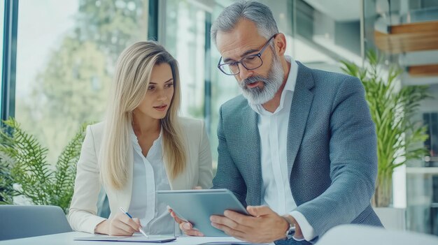 Photo a man and a woman are looking at a tablet with the words  the word  on it