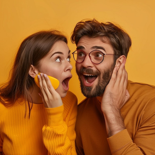 a man and a woman are looking up at the camera and the woman is wearing a yellow shirt