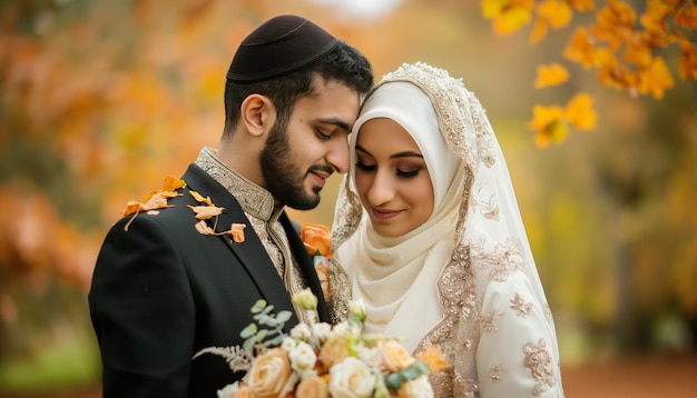 Photo a man and woman are married the woman is wearing a traditional wedding dress