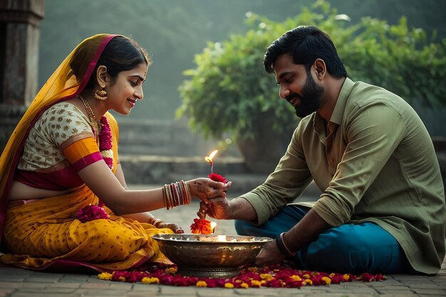 a man and woman are offering a candle to a woman