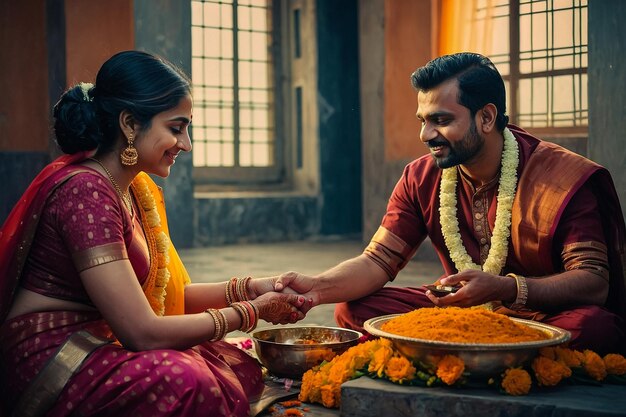 a man and woman are offering flowers to a woman