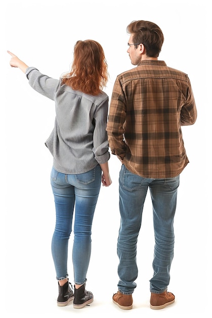 a man and a woman are pointing at something