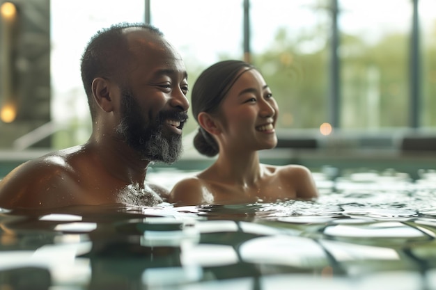 a man and a woman are in a pool with the words  two people