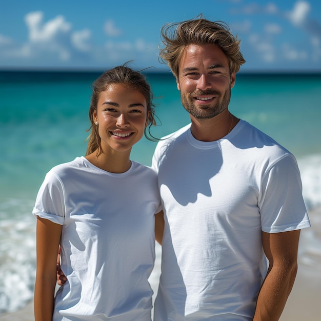 a man and woman are posing on the beach wearing white shirts white tshirt mockup