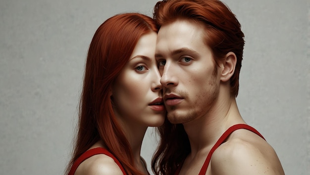 A man and a woman are posing in front of a white background with red painted brush strokes The woma