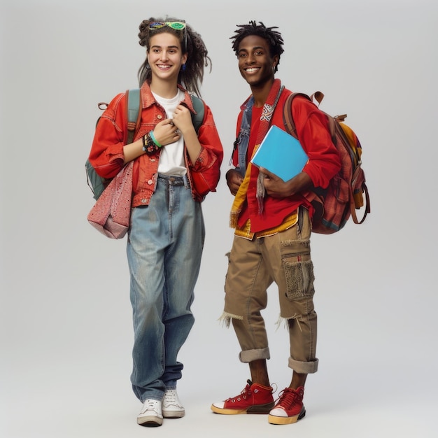 a man and woman are posing for a photo with a book on their back