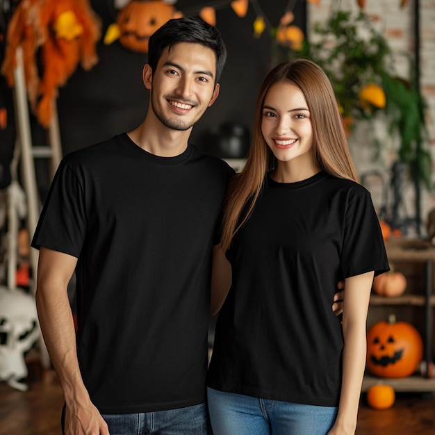 a man and a woman are posing for a photo with pumpkins on the wall