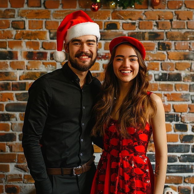 a man and a woman are posing for a photo with Santa hats on them