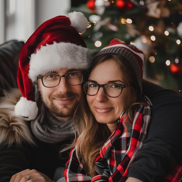 a man and a woman are posing for a photo with Santa hats on