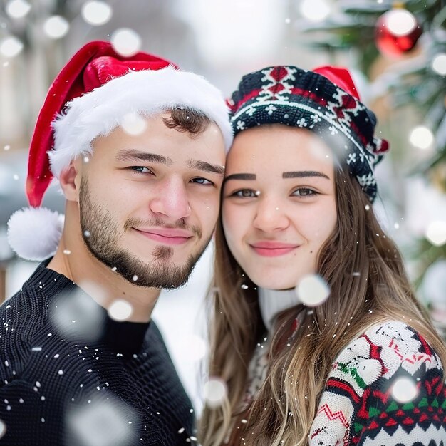 a man and a woman are posing for a photo with Santa hats on