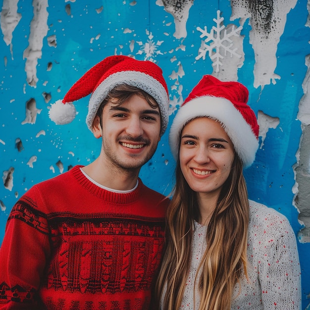 a man and a woman are posing for a photo with Santa hats on