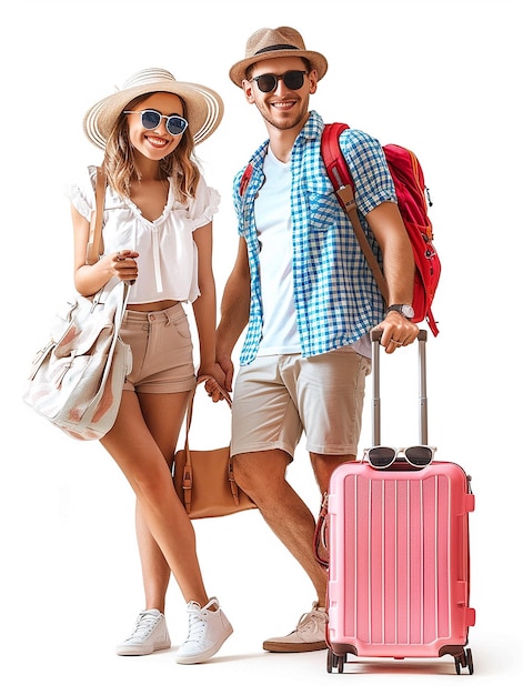 a man and woman are posing for a photo with a suitcase