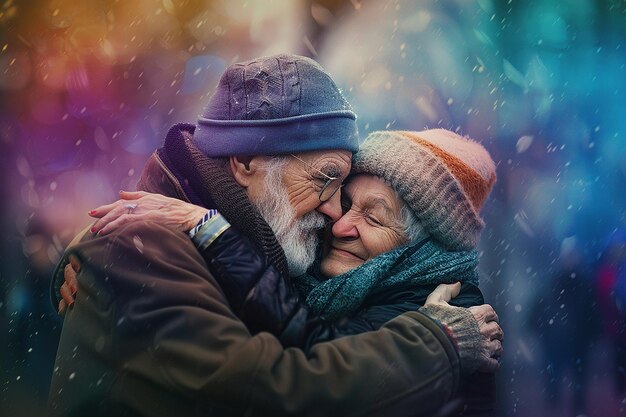 a man and woman are posing for a photo with the word on it