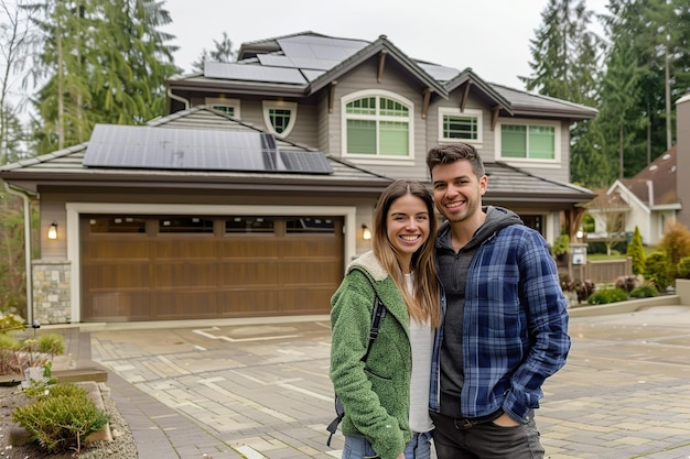 A man and woman are posing for a picture in front of a house