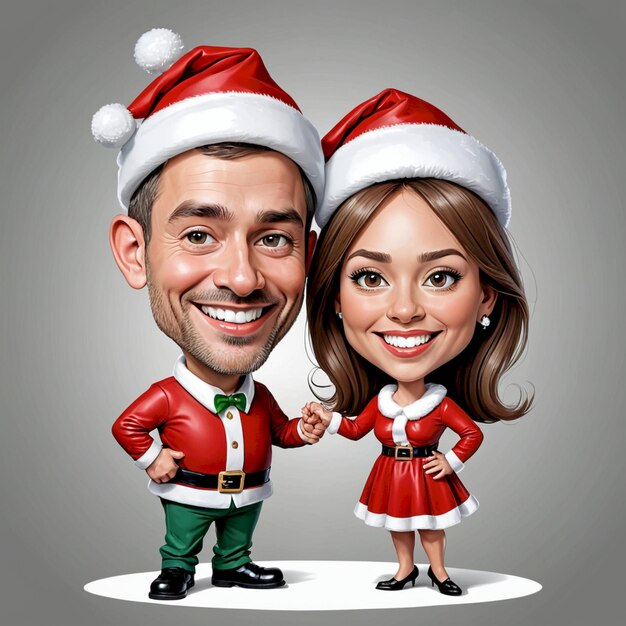 a man and woman are posing for a picture with santa claus on the front