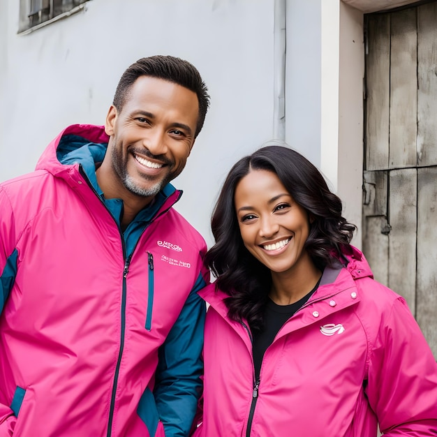 Photo a man and woman are posing for a picture with their jackets