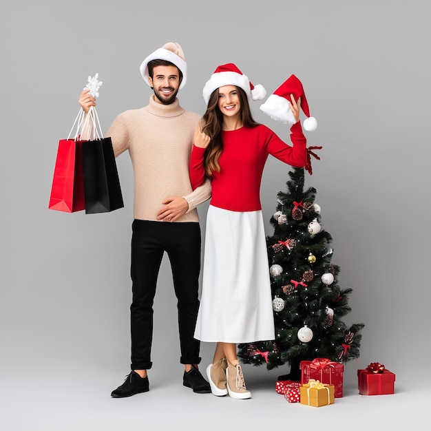 a man and a woman are posing with a christmas tree and a santa hat