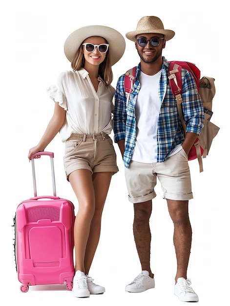 a man and a woman are posing with luggage