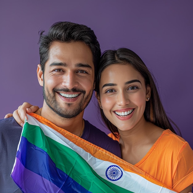 a man and a woman are posing with a rainbow flag