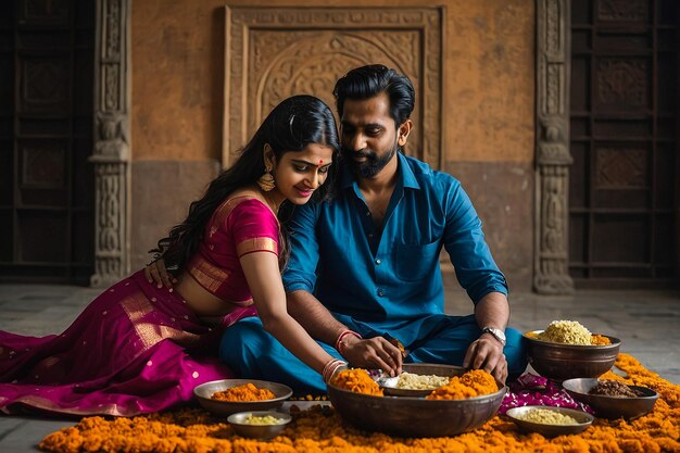 a man and woman are preparing food on a table