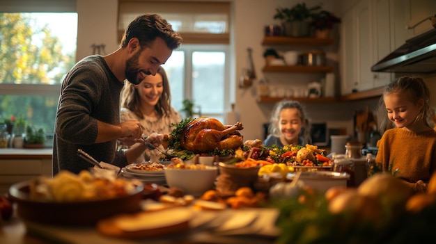 Photo a man and woman are preparing a meal with a turkey on the table