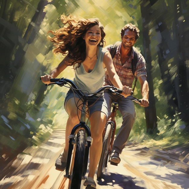 A man and woman are riding bicycles on a winding road through a lush forest