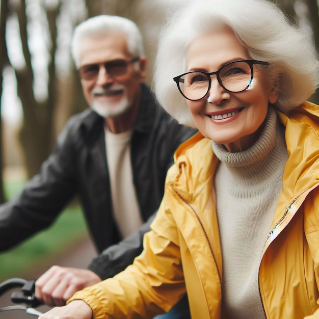 a man and woman are riding a bike and smiling