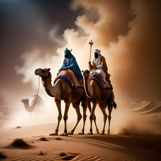 Photo a man and a woman are riding camels in the desert