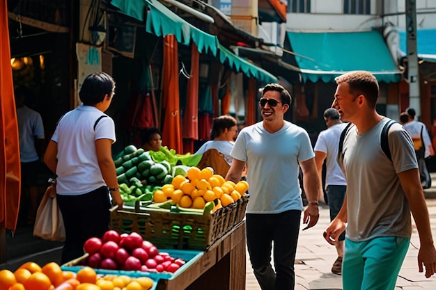 a man and a woman are selling fruit at a market