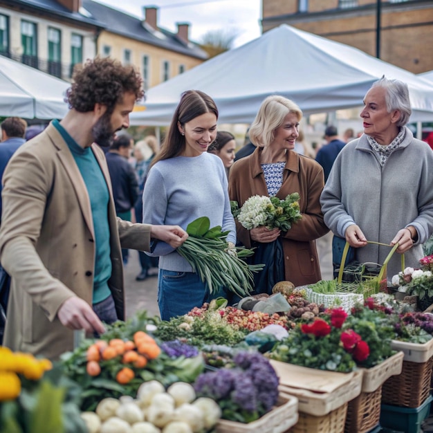 Photo a man and woman are shopping at a farmers market