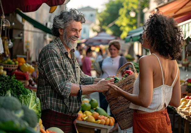 Photo a man and a woman are shopping at a market