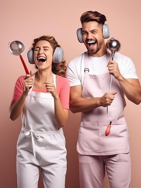 a man and woman are singing with microphones and the woman is wearing an apron that says fb