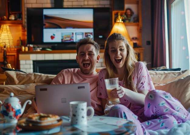 Photo a man and woman are sitting on a bed with a laptop and a mug of beer