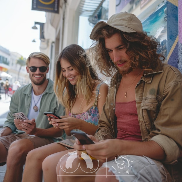 Photo a man and a woman are sitting on a bench and looking at their phones