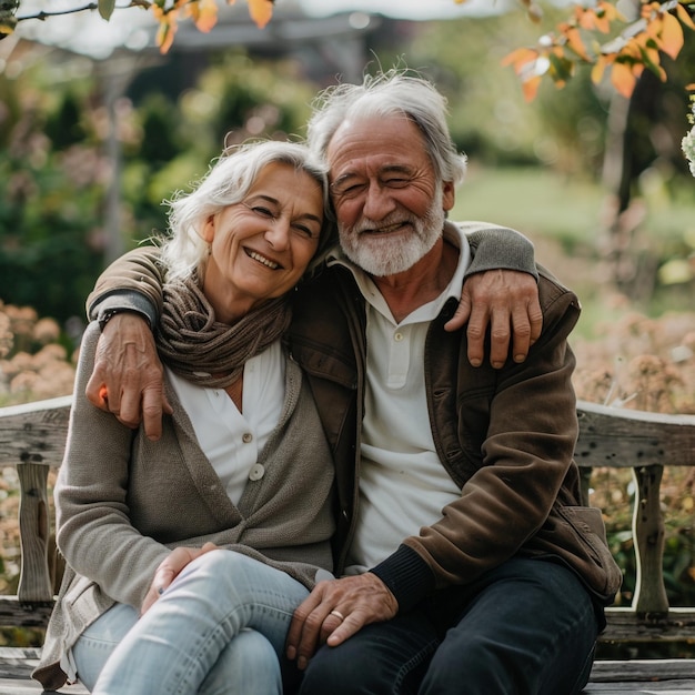 a man and woman are sitting on a bench and one has a scarf around their neck