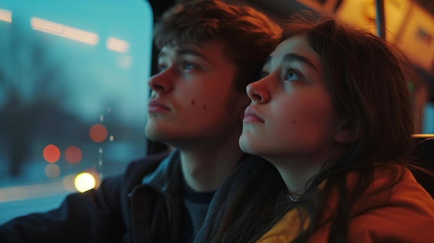 A man and a woman are sitting in a bus looking out the window