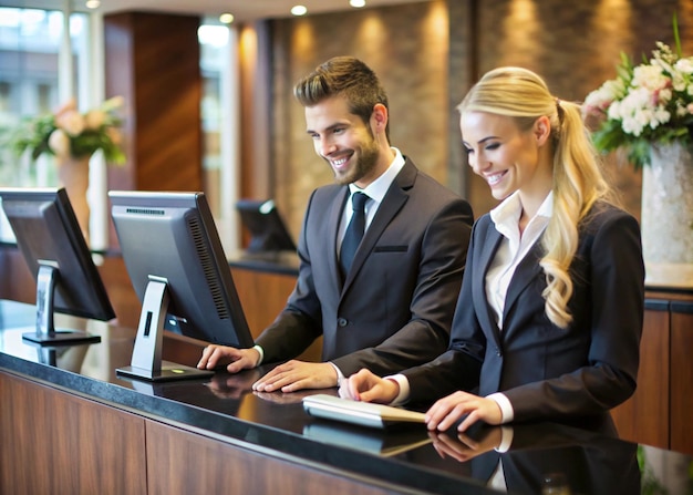 a man and woman are sitting at a computer with a laptop on the counter