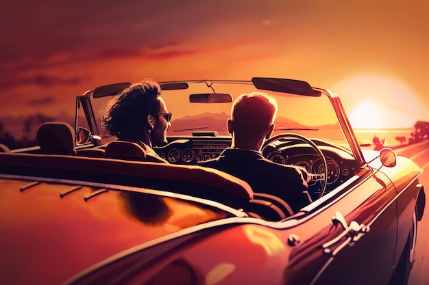 A man and a woman are sitting in a convertible car, looking at the sunset.