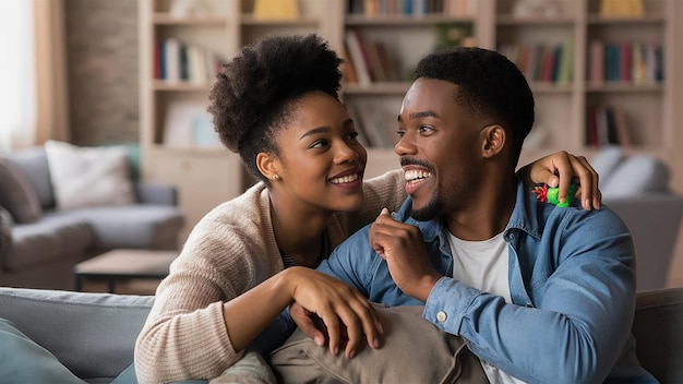 a man and woman are sitting on a couch and smiling