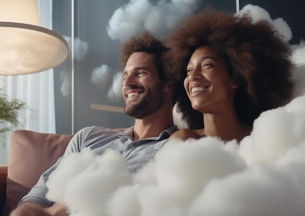 a man and a woman are sitting on a couch and smiling.