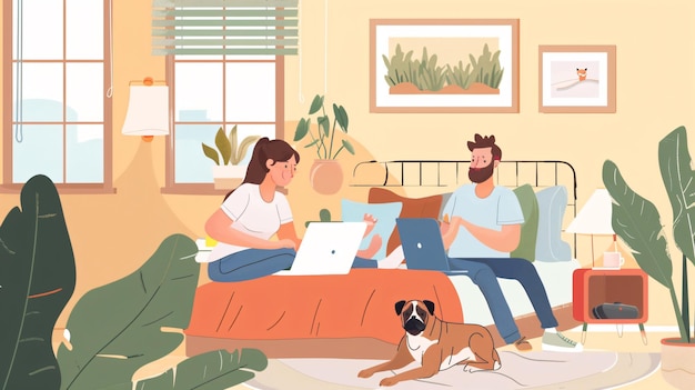 Photo a man and a woman are sitting on a couch with their laptops and a dog