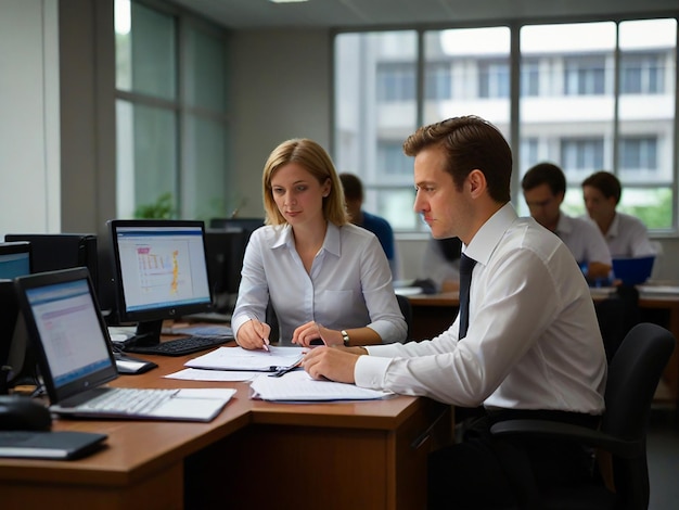 a man and woman are sitting at a desk with a computer and a map on the top