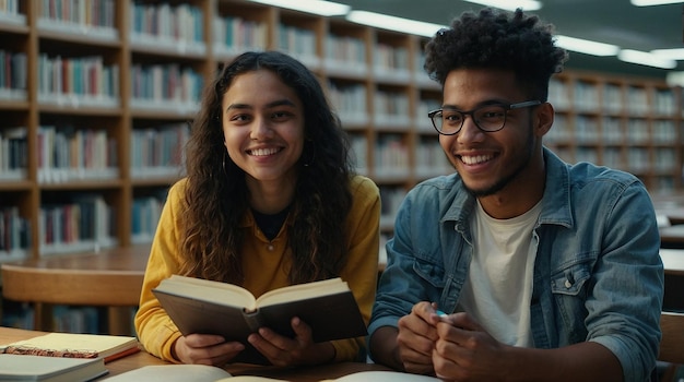 a man and a woman are sitting in front of a book that says quot students quot