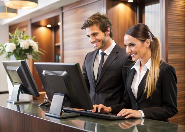 a man and woman are sitting in front of a computer screen