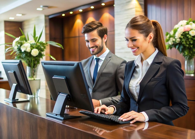 a man and woman are sitting in front of a computer