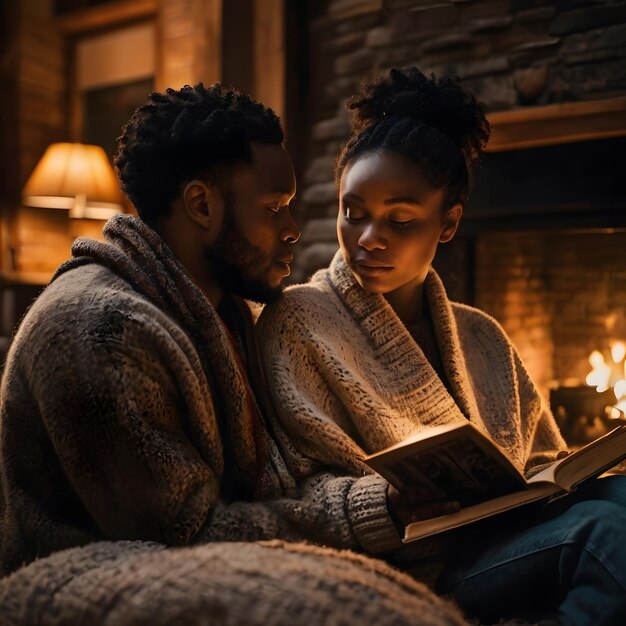 Photo a man and woman are sitting in front of a fireplace