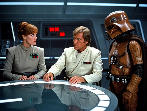 a man and woman are sitting in front of a star wars character