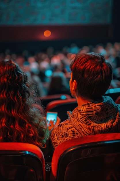 Man and woman are sitting in movie theater both holding cell phones