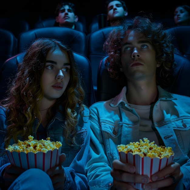 A man and a woman are sitting in a movie theater watching a movie