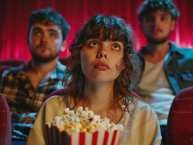 A man and a woman are sitting in a movie theater watching a movie